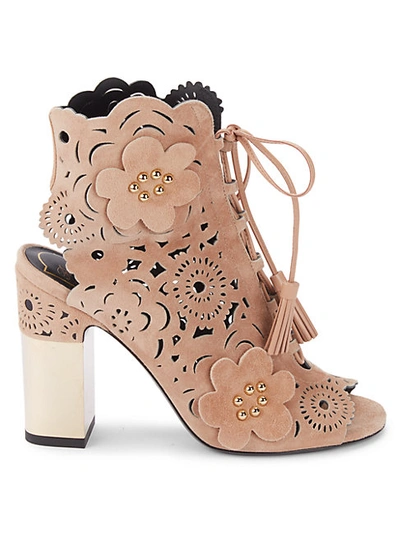 Roger Vivier Laser-cut Suede Heeled Booties In Beige