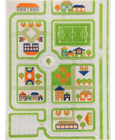 Ivi Traffic 3d Childrens Play Mat & Rug In A Colorful Town Design With Soccer Field, Car Park & Roads -  In Green