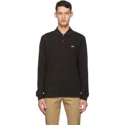 Lacoste 黑色珠地棉长袖 Polo 衫 In Black