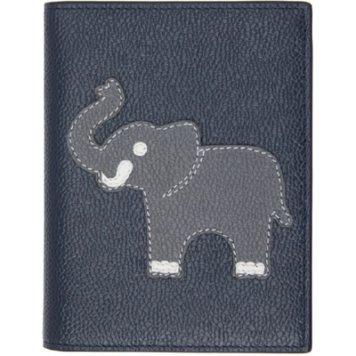 Thom Browne Elephant Patch Pebble Grain Leather Passport Holder In Blue