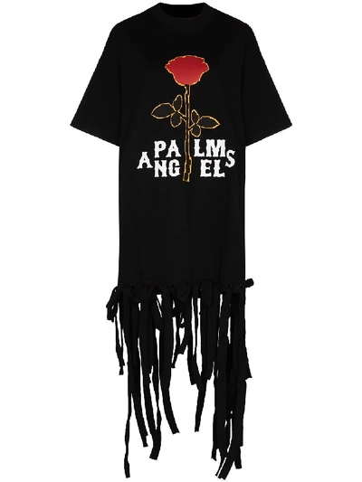 Palm Angels Logo Fringed Cotton Minidress In Black