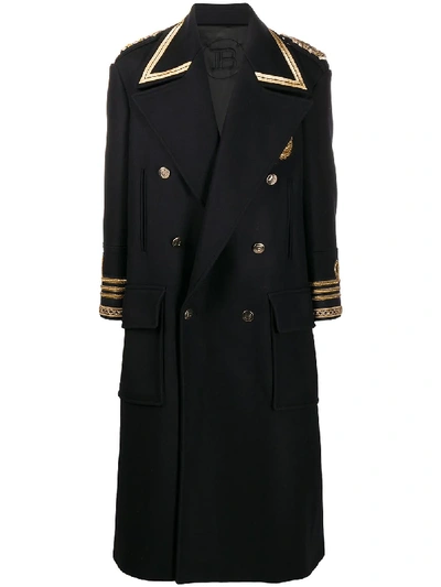Balmain Long Double-breasted Coat In Blue