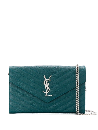 Saint Laurent Monogramme Quilted Leather Wallet On A Chain In Petrol Green