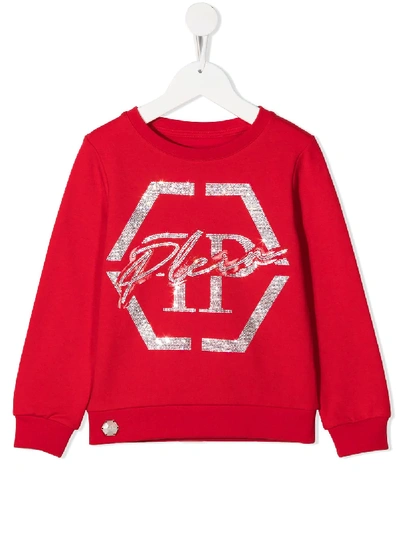 Philipp Plein Junior Kids' Logo Embellished Crew Neck Sweatshirt In Red