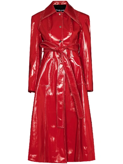 Angel Chen Belted Faux Leather Coat In Red