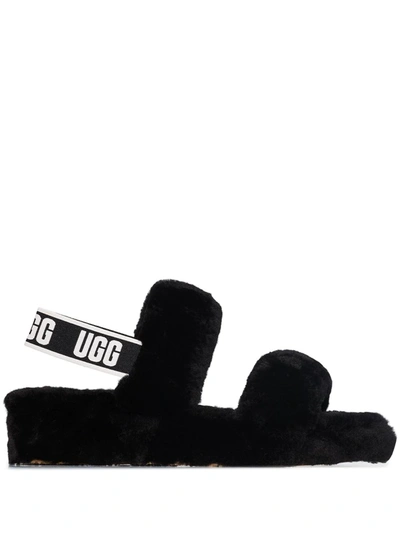 Ugg Oh Yeah Sheepskin Slingback Slippers In Black/black