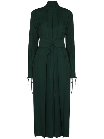 Victoria Beckham Mock Neck Long Sleeve Pleated Midi Dress In Green