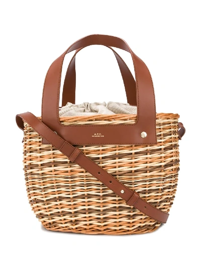 A.p.c. Colette Small Leather And Wicker Basket In Nocciola