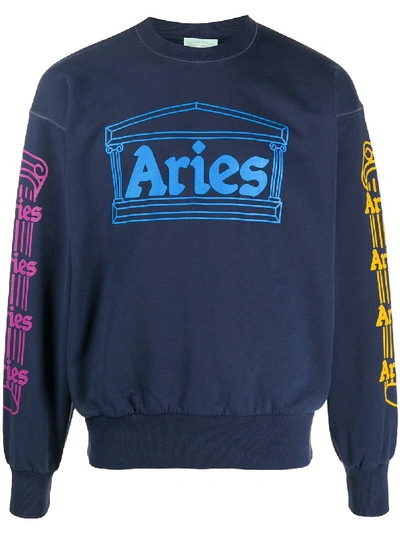 Aries Column Logo Print Sweatshirt In Blue