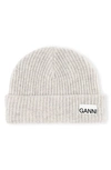 Ganni Logo-patch Ribbed-knit Beanie In Paloma Melange