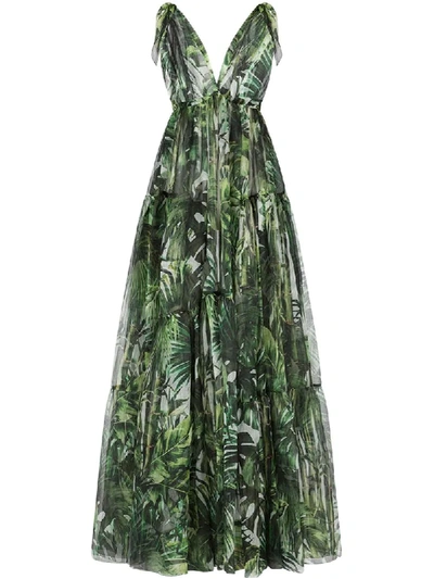 Dolce & Gabbana Flocked Leaf Georgette Dress In Green