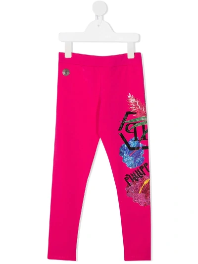 Philipp Plein Junior Kids' Embellished Floral Logo Print Leggings In Pink