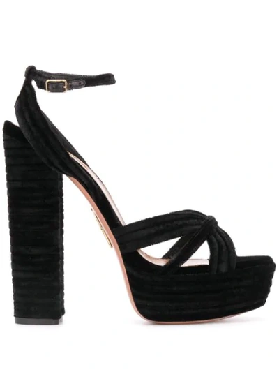 Aquazzura Veranda 140 Velvet Platform Sandals In Black
