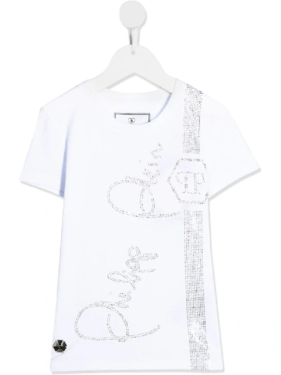 Philipp Plein Junior Kids' Embellished Signature Logo T-shirt In White