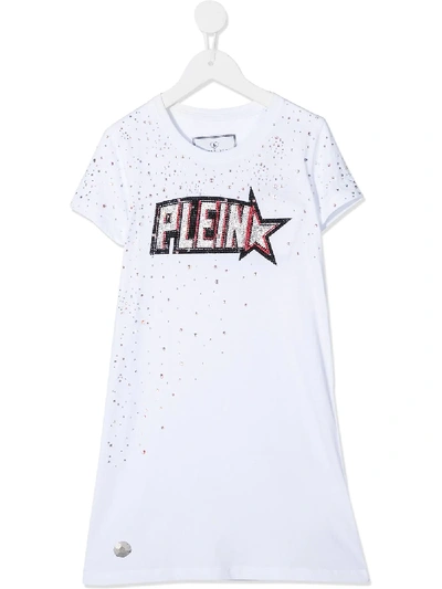 Philipp Plein Kids' Plein Star Embellished T-shirt Dress In White