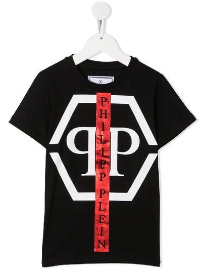 Philipp Plein Junior Kids' Round Neck Logo Print T-shirt In Black