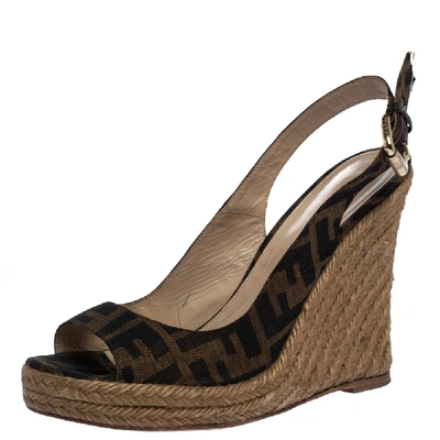 Pre-owned Fendi Tobacco Zucca Canvas Slingback Espadrille Wedge Platform Sandals Size 38.5 In Brown