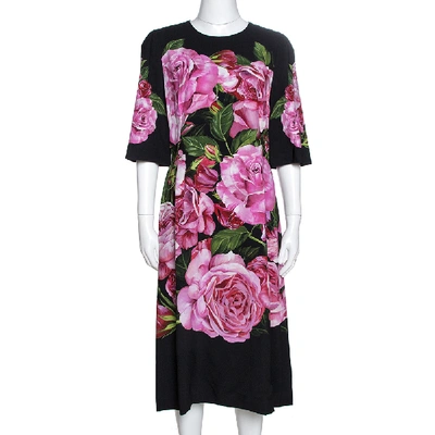 Pre-owned Dolce & Gabbana Black Rose Print Crepe Midi Dress M