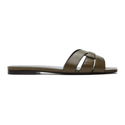 Saint Laurent Woven Leather Flat Slide Sandals In Army Green