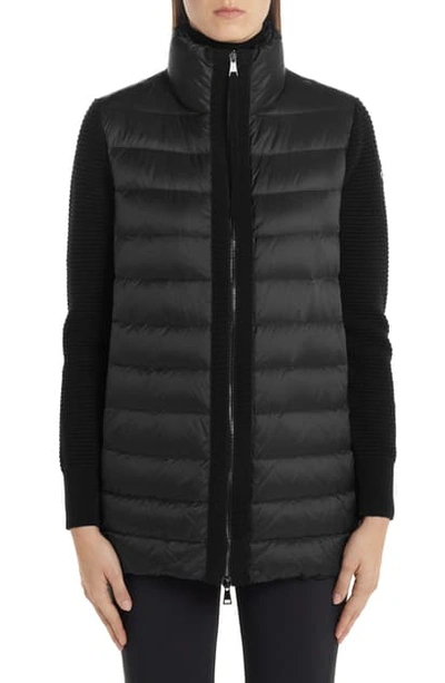 Moncler Quilted Down & Wool Long Cardigan In Black