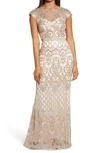 Tadashi Shoji Sequin Illusion Lace Gown In Sand/ Petal