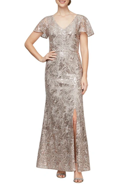 Alex Evenings Beaded & Embroidered A-line Gown In Taupe