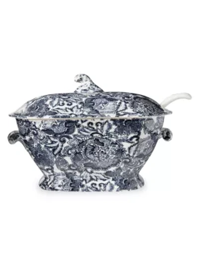 Ralph Lauren X Burleigh Faded Peony 2-piece Earthware Soup Tureen & Ladle Set In Indigo