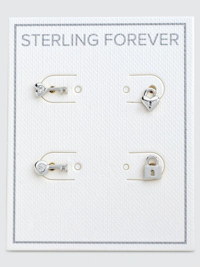 Sterling Forever - Verified Partner Lock And Key Stud Set Earrings In White