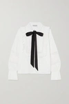 SELF-PORTRAIT BOW-DETAILED LACE-TRIMMED RUFFLED COTTON-POPLIN SHIRT