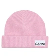 Ganni Logo-patch Ribbed Wool-blend Beanie In Pink