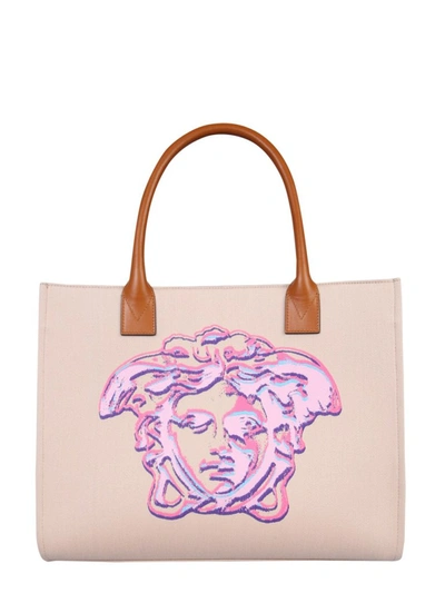 Versace Medusa Jacquard And Leather Tote Bag In Pink