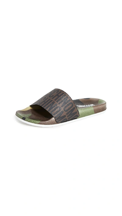 Moschino Pool Slides Lost & Found In Brown