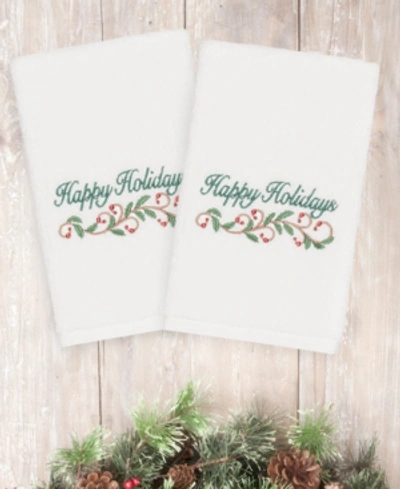 Linum Home Christmas Happy Holidays 100% Turkish Cotton 2-pc. Hand Towel Set In White