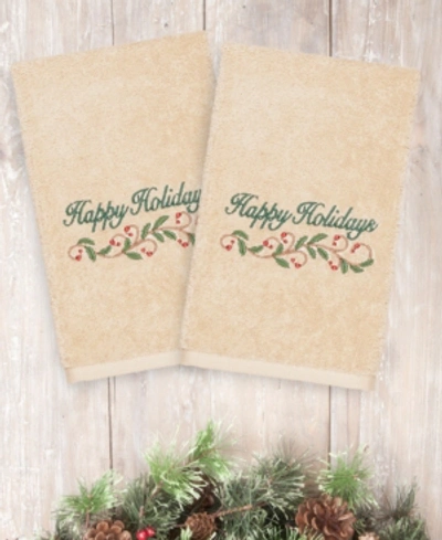 Linum Home Christmas Happy Holidays 100% Turkish Cotton 2-pc. Hand Towel Set In Sand