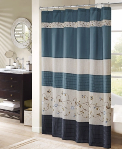 Madison Park Serene Floral Embroidered Shower Curtain, 72" X 72" In Navy