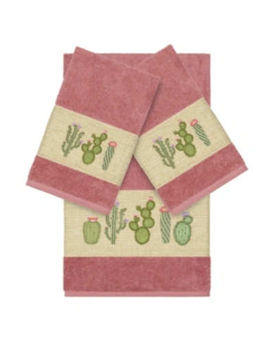 Linum Home Mila 3-pc. Embroidered Turkish Cotton Bath And Hand Towel Set Bedding In Tea Rose