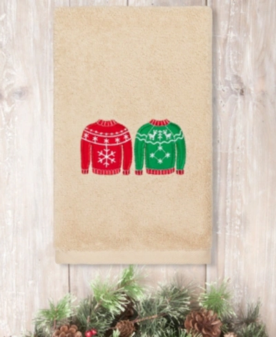 Linum Home Christmas Sweaters Embroidered 100% Turkish Cotton Hand Towel Bedding In Tan/beige
