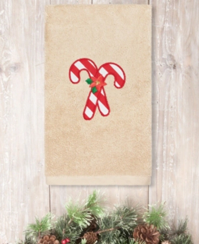 Linum Home Christmas Candy Canes Embroidered 100% Turkish Cotton Hand Towel In Sand
