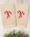 Linum Home Christmas Candy Canes Embroidered 100% Turkish Cotton 2-pc. Hand Towel Set In Sand