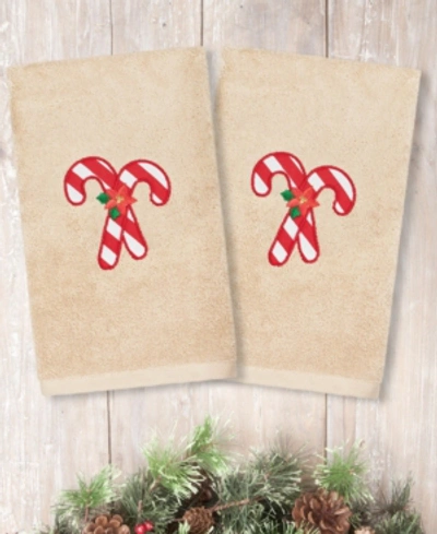 Linum Home Christmas Candy Canes Embroidered 100% Turkish Cotton 2-pc. Hand Towel Set In Sand