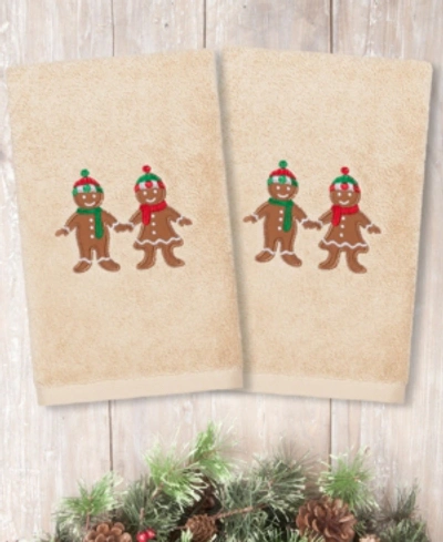 Linum Home Christmas Gingerbread Embroidered 100% Turkish Cotton 2-pc. Hand Towel Set In Sand