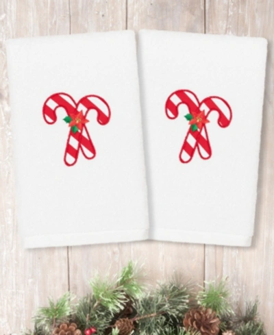 Linum Home Christmas Candy Canes Embroidered 100% Turkish Cotton 2-pc. Hand Towel Set In White