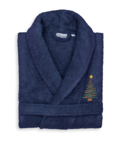 Linum Home Christmas Tree Design Embroidered Terry Bathrobe Bedding In Navy