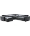 FURNITURE NEVIO 124" 5-PC LEATHER SECTIONAL SOFA WITH CHAISE, 1 POWER RECLINER AND ARTICULATING HEADRESTS, CRE