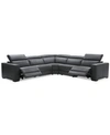 Furniture Nevio 5-pc. Leather "l" Shaped Sectional With 2 Power Recliners With Articulating Headrests, Created In Smoke Grey