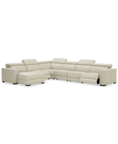 Furniture Nevio 6-pc Leather Sectional Sofa With Chaise, 2 Power Recliners And Articulating Headrests, Created In Argento Stone Ivory