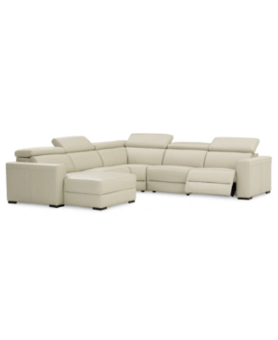 Furniture Nevio 124" 5-pc Leather Sectional Sofa With Chaise, 1 Power Recliner And Articulating Headrests, Cre In Argento Stone Ivory