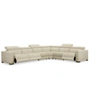 Furniture Nevio 6-pc Leather "l" Shaped Sectional Sofa With 3 Power Recliners And Articulating Headrests, Crea In Argento Stone Ivory