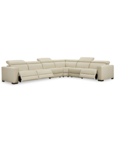 Furniture Nevio 6-pc Leather "l" Shaped Sectional Sofa With 3 Power Recliners And Articulating Headrests, Crea In Argento Stone Ivory