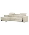 Furniture Nevio 3-pc Leather Sectional Sofa With Chaise, 1 Power Recliner And Articulating Headrests, Created In Argento Stone Ivory